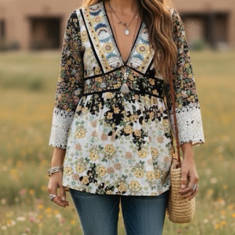 Johnny Was Floral Tunic with Black and Cream Accents 100% Silk
